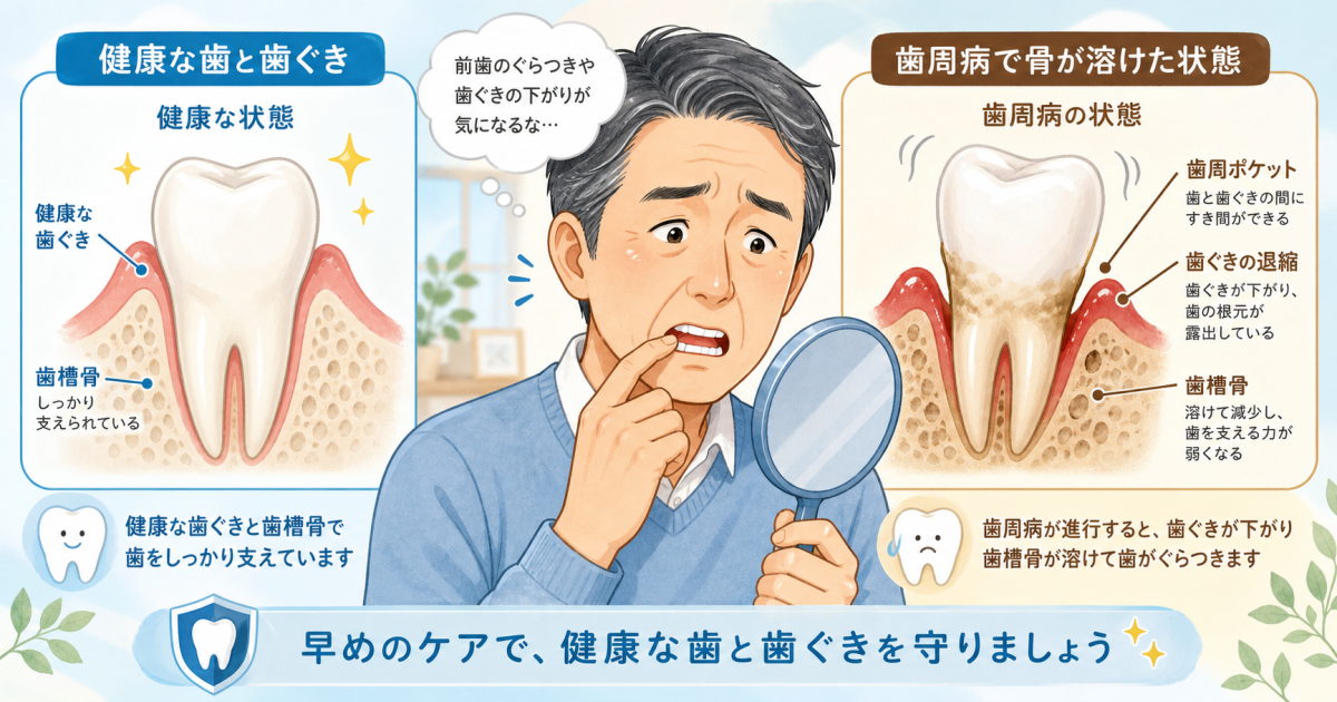 前歯のグラつきは手遅れ？歯周病で歯槽骨が溶け歯が抜けるメカニズム
